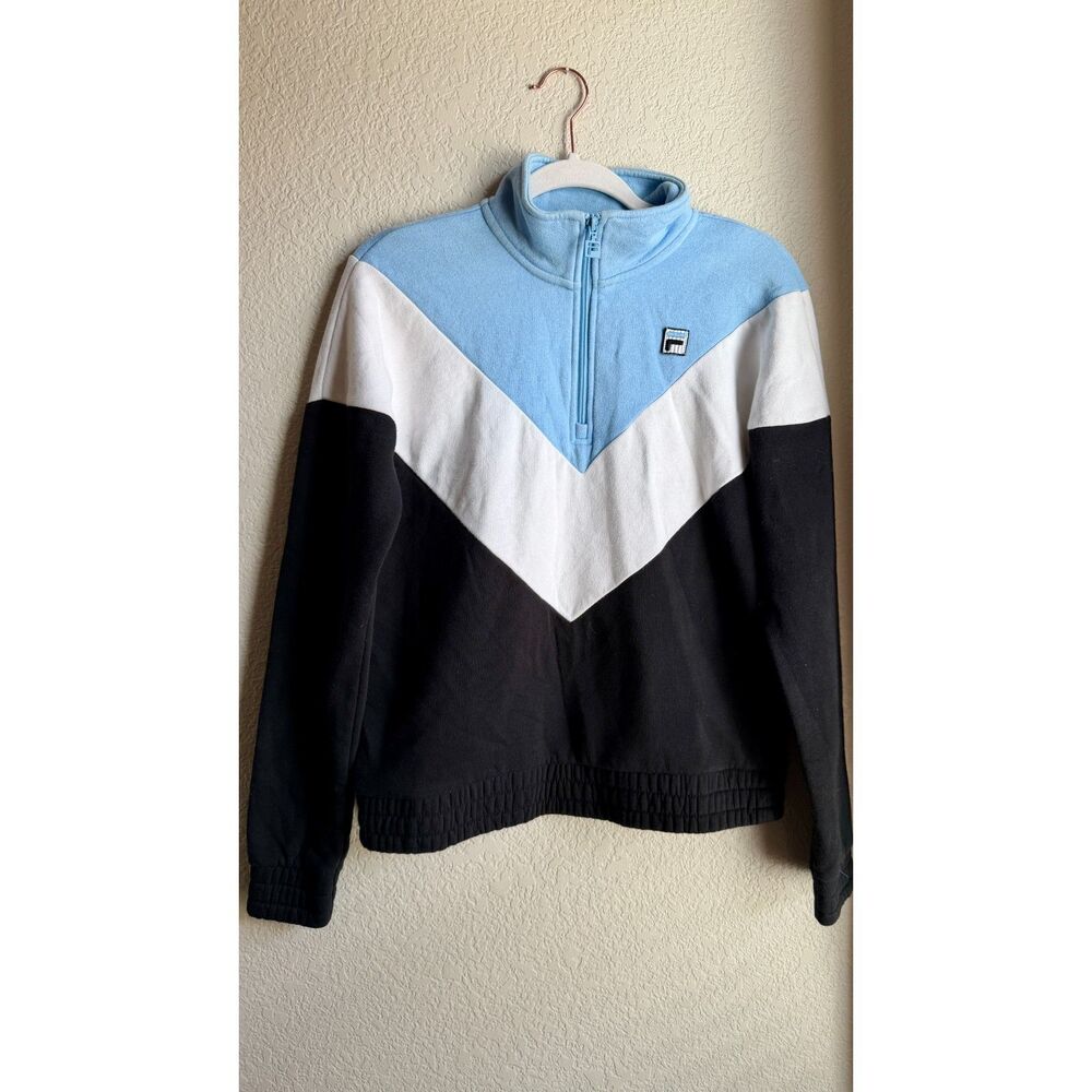 FILA Blue White Black Chevron Colorblock Quarter Zip Sweatshirt Women's S